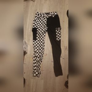 Half black half checkerboard cuff pants